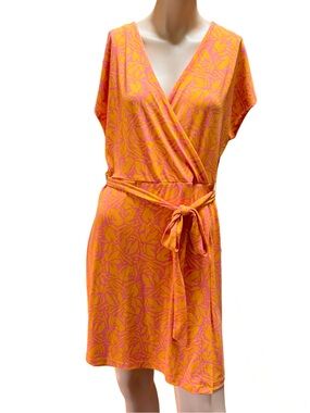 Nine West Orange and Pink V-Neck Wrap Midi Dress
